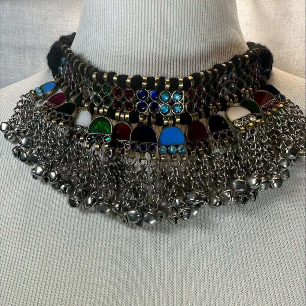 Turkmen Tribal Choker: Handmade Ethnic Necklace with Glass Stones & Bells